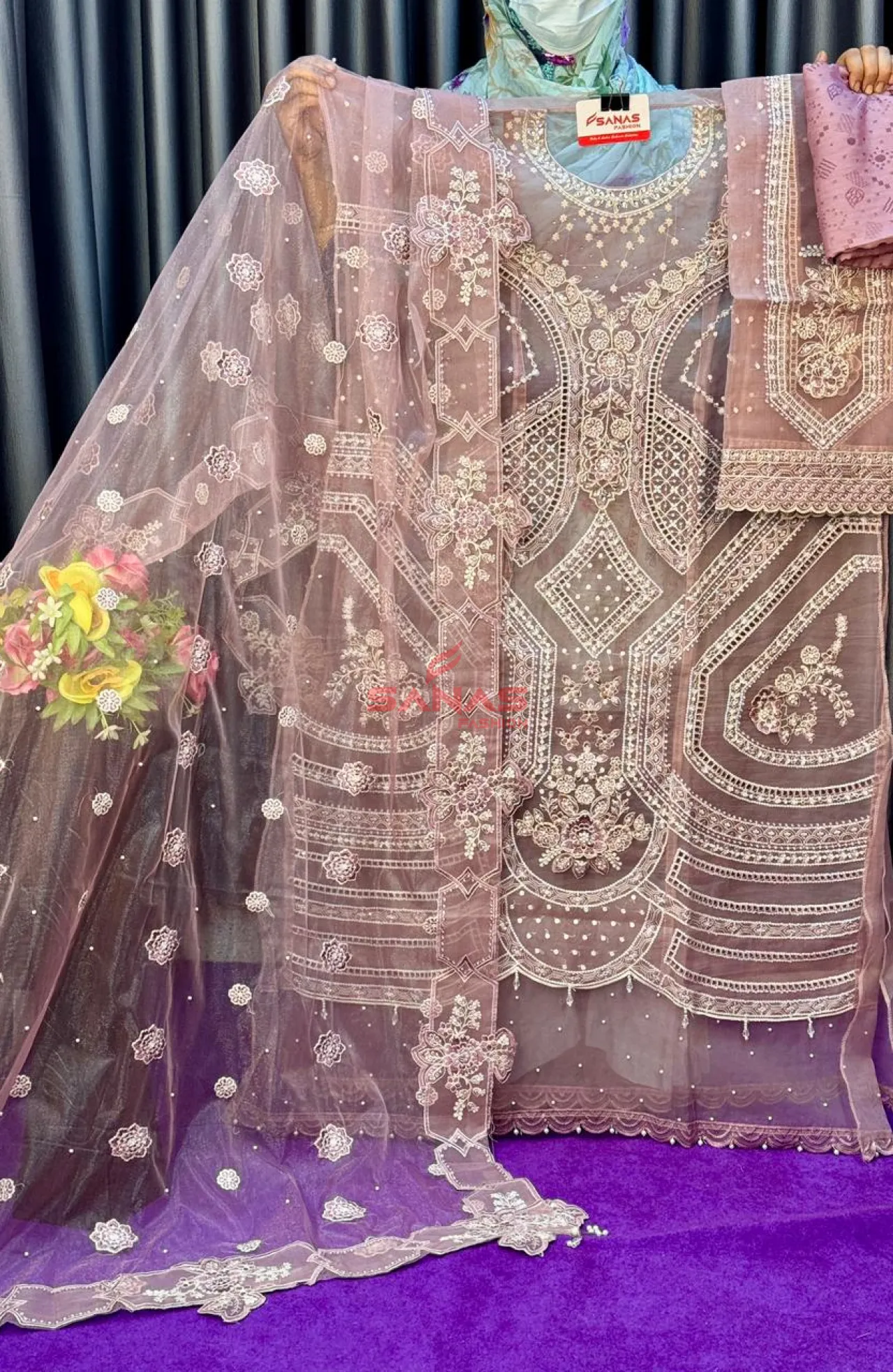 Original Pakistani Semi Stitched Luxury Organza 3ps With Hand Work (P-36BD)